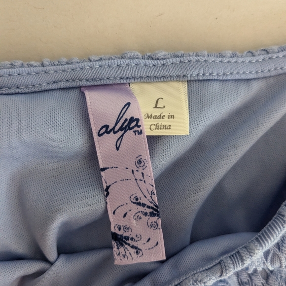 Alya Lacey Lavender Women's Blouse Sz L Top Off Shoulder Strappy B-3 - Picture 10 of 11